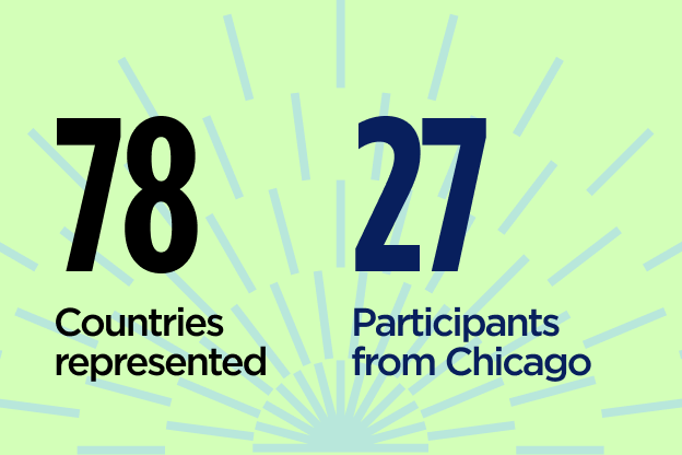 A green and light blue graphic reads, “78 countries represented” and “27 participants from Chicago.” The text is navy blue. 