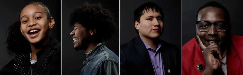 There are four images. The first image, A young girl with a light skin tone smiles at the camera. The second image, A side profile of a man with a medium skin tone. He has curly hair and smiles off camera. The third image, A man with a light skin tone smirks at the camera. He is wearing a black suit jacket and purple shirt. The fourth image, A Black man with a deep skin tone holds his face in his hand as he stares at the camera. He is wearing glasses and a red shirt.