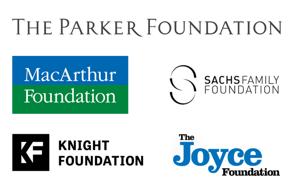 A graphic compilation of logos representing, from left to right, top to bottom: The Parker Foundation, MacArthur Foundation, Knight Foundation, and Sachs Family Foundation. Between each logo is a diamond-shaped bullet point. 