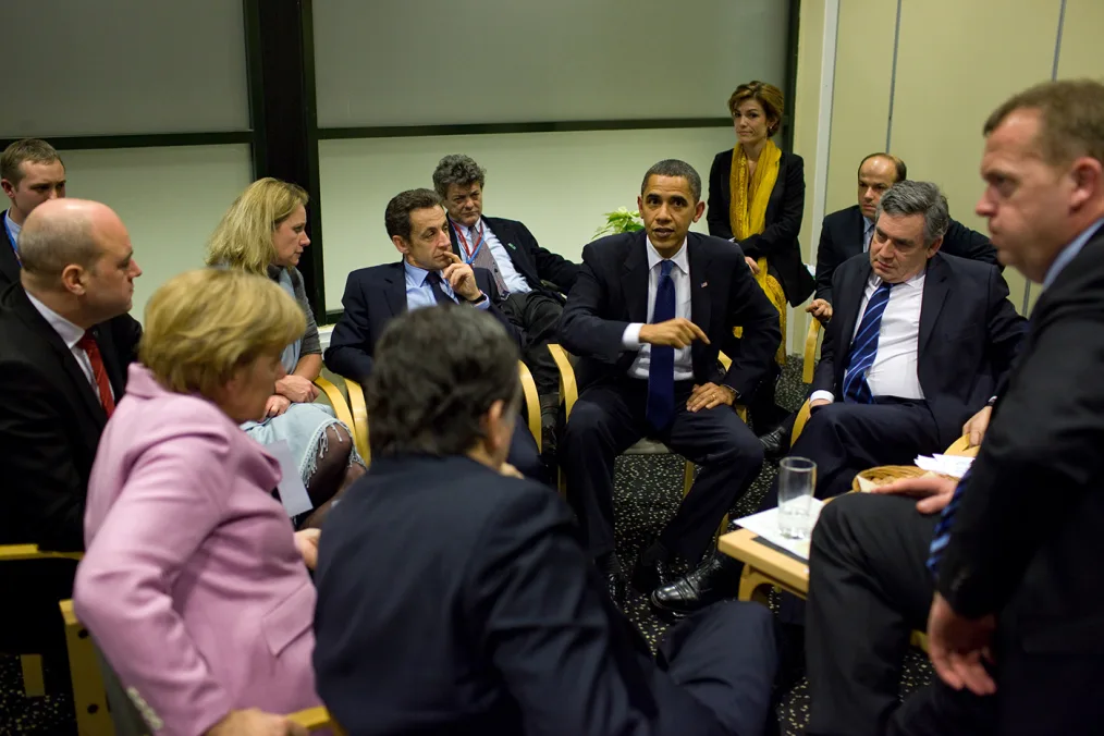 President Barack Obama briefs European leaders
