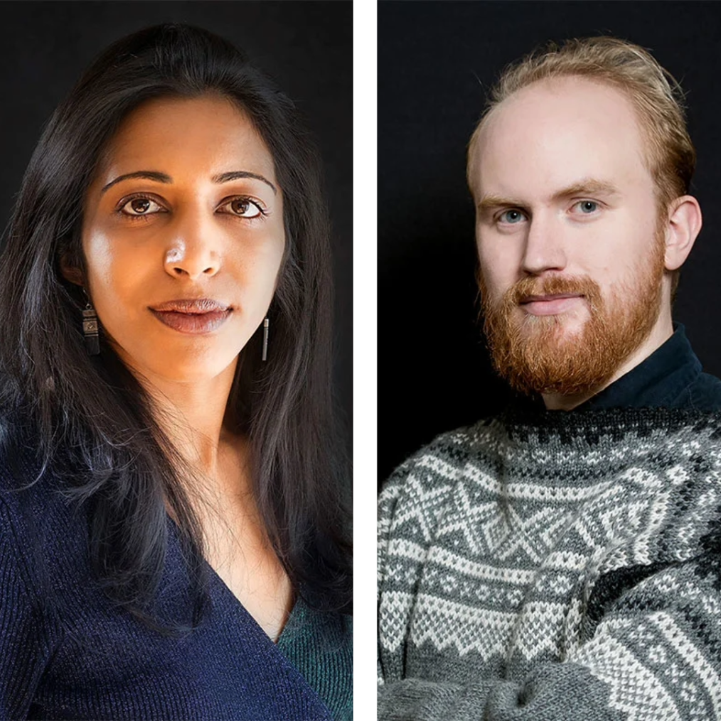A diptych shows Vidhya Ramalingam looking to camera on the left, and the right shows Bjorn looking to camera on the left with his arms crossed wearing a patterned fisherman's sweater.