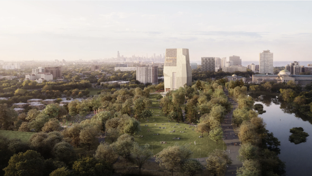 A rendering of the north-facing view of the Obama Presidential Center campus in Jackson Park.