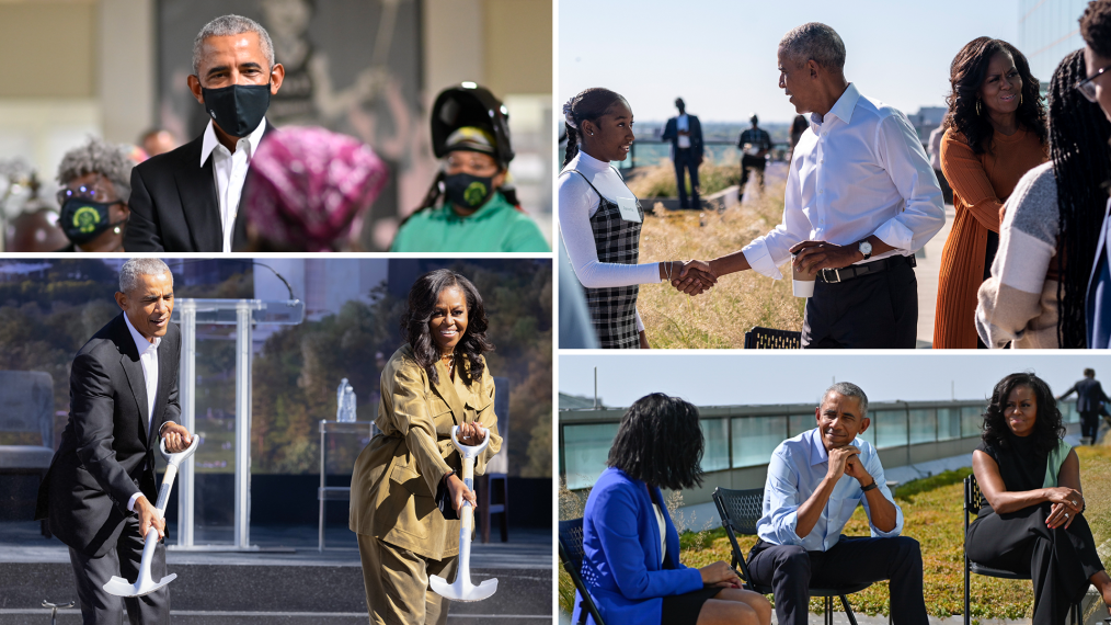 A photo collage of Michelle a woman with medium brown skin and a body wave bob and Barack Obama a man with golden caramel skin sitting next to a woman wearing a blue suit, holding shovels, shaking people hands, and a close up of Barack wearing a black mask