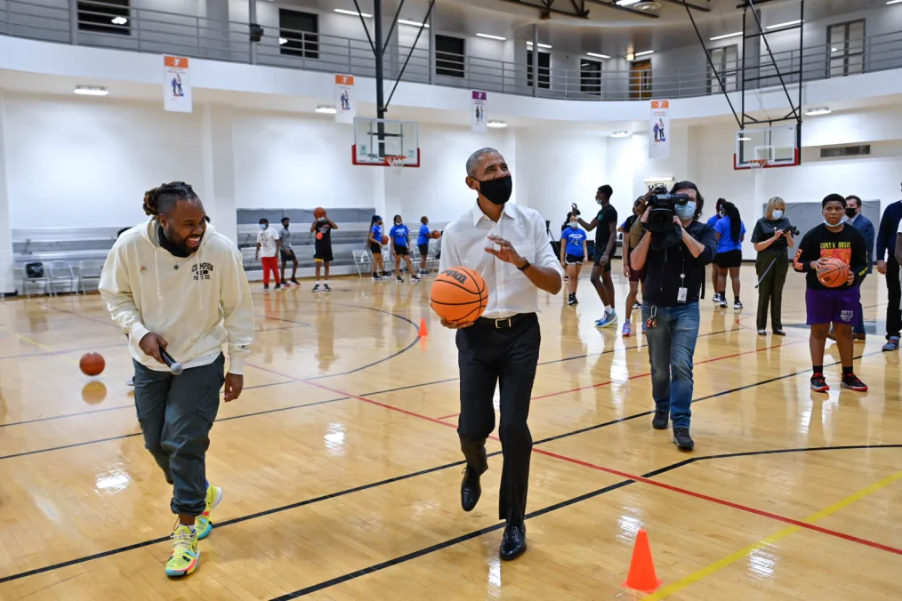 President Obama drops by a community event at the South Side YMCA in Chicago, IL on December 2, 2021.