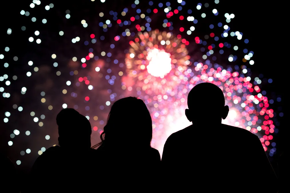 Three figures watch fireworks in the distance 