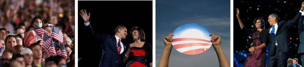 Four photos in a horizontal collage: one of people holding US flags, one of Barack and Michelle Obama looking at each other,  one of the Obama "sunrise" O logo and one of Barack and Michelle Obama waving while confetti falls around them.