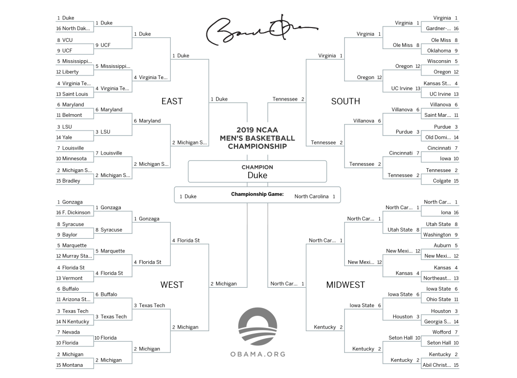 Men's tournament brackets handwritten by President Obama, with Duke selected as national champions.