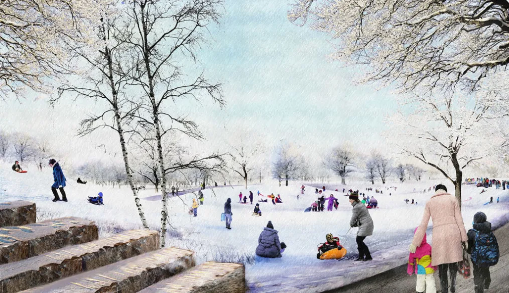 A rendering of the Obama Presidential Center campus shows a snowy, winter environment with parents and their kids skiing, walking, and wearing various colors of coats.