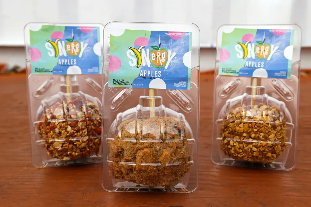 Assorted caramel apples from Synergy Foods.