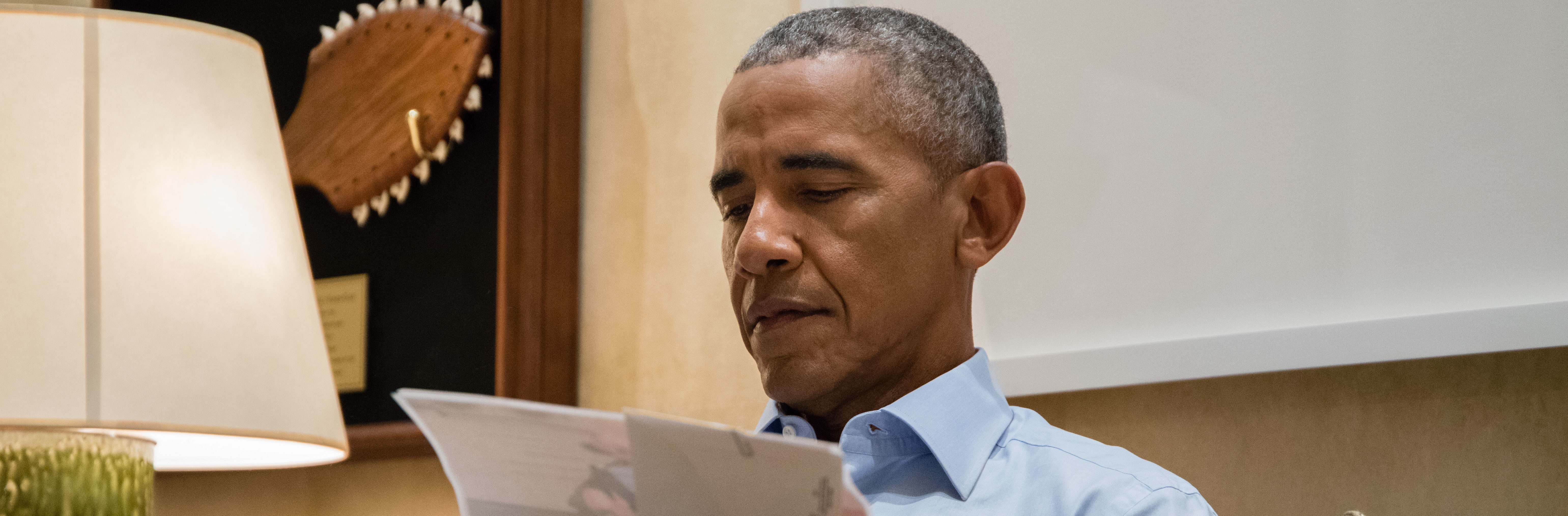 Former President Barack Obama reads public correspondence in his private office in Washington, DC Sept. 1, 2017.