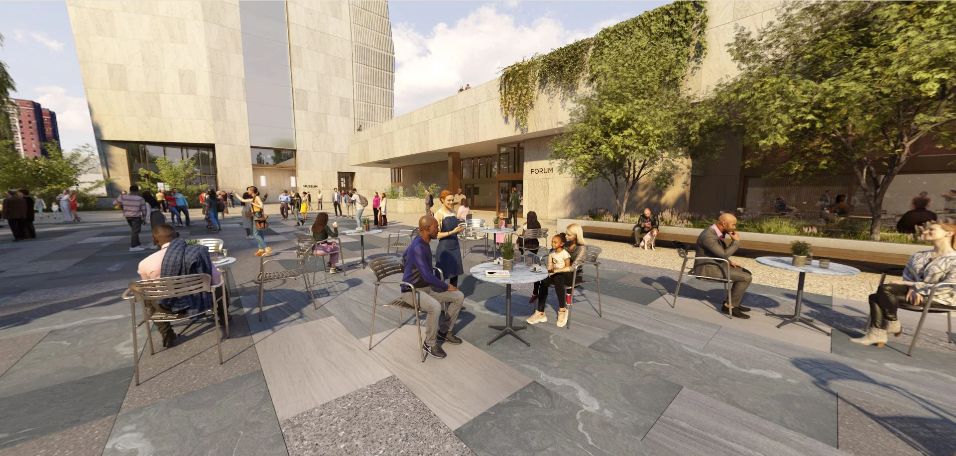 A digital rendering of a patio outside a large concrete building. People sit at tables and chairs.