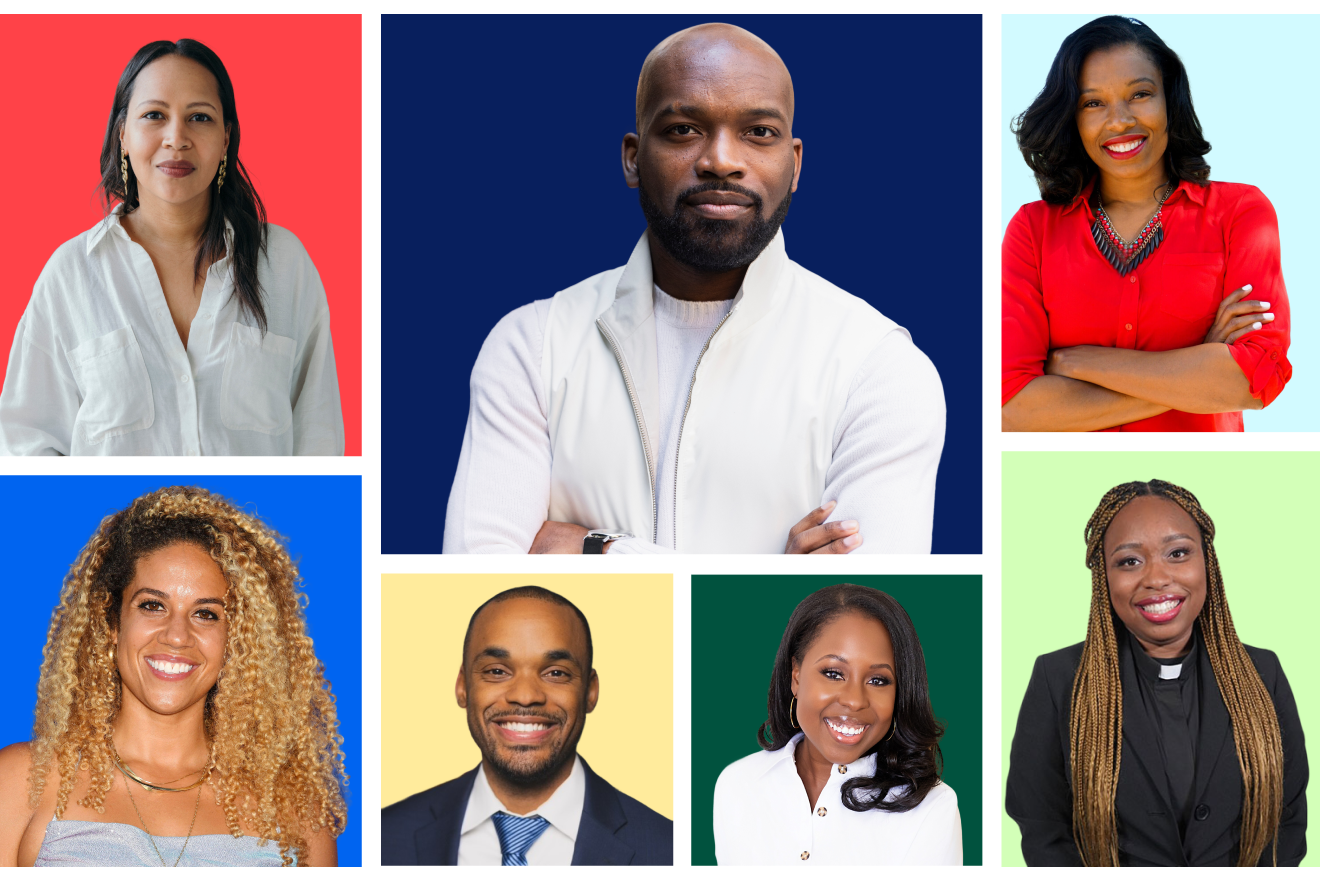 A collage image of (from left to right) Jessica Byrd, Carri Twigg, Abdul Dosunmu, Derick Dailey, Carlisha Williams Bradley Jamila Thomas, and Reverend Ciera Bates-Chamberlin.