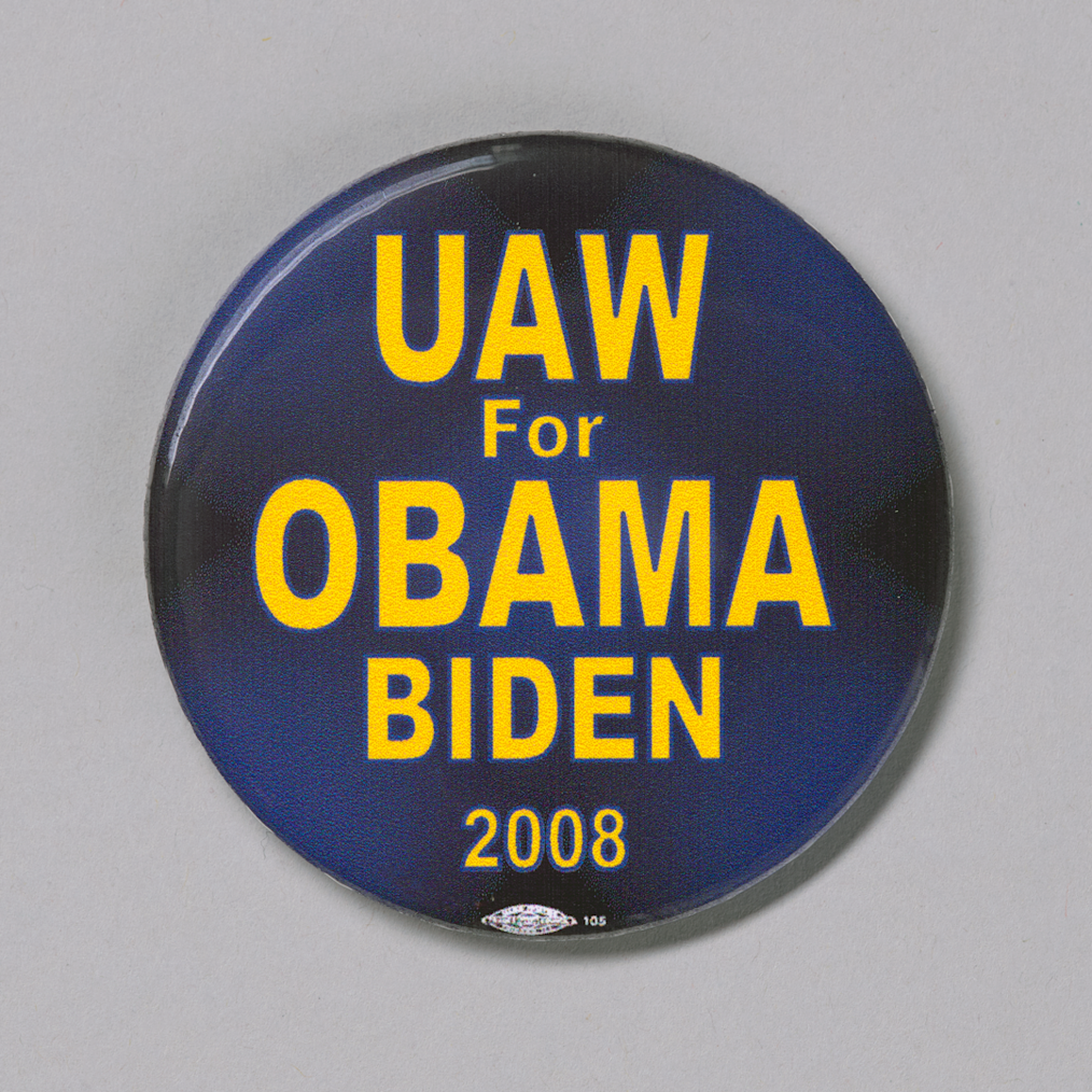 A blue button that states “UAW for Obama Biden 2008”