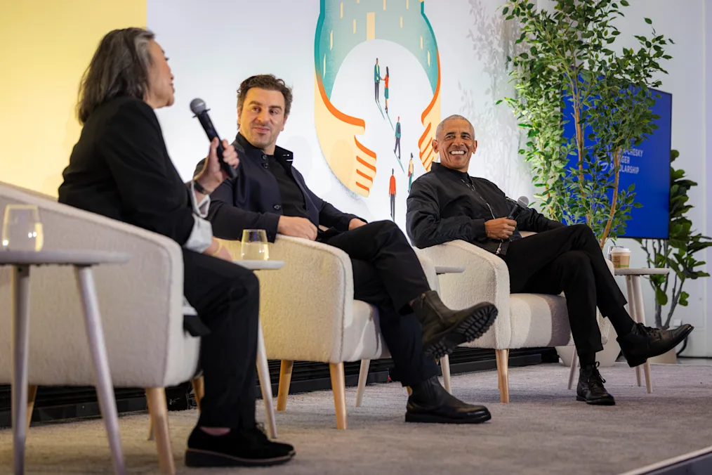 On a panel with Obama Foundation Executive Vice President of Programs Tina Chen, an Asian woman with a light skin tone, and shoulder length hair, Airbnb CEO and Co-Founder Brian Chesky and President Obama speak with members of the 2025-2027 class of Obama-Chesky Voyagers in Chicago, on Dec. 8, 2025. ​​​​‌﻿‍﻿​‍​‍‌‍﻿﻿‌﻿​‍‌‍‍‌‌‍‌﻿‌‍‍‌‌‍﻿‍​‍​‍​﻿‍‍​‍​‍‌‍​﻿‌‍﻿﻿‌‍﻿‍‌﻿‌​‌‍‌‌‌‍﻿‍‌﻿‌​‌‍‌‍‌﻿‌‌‌‍﻿​​‍﻿‍‌‍​﻿‌‍﻿﻿‌‍﻿‌​‍​‍​‍﻿​​‍​‍‌‍‍​‌﻿​‍‌‍‌‌‌‍‌‍​‍​‍​﻿‍‍​‍​‍‌‍‍​‌﻿‌​‌﻿‌​‌﻿​​‌﻿​﻿​﻿‍‍​‍﻿﻿​‍﻿﻿‌‍​‌‌﻿​​‌﻿​​​‍﻿‍‌‍​﻿‌‍﻿﻿‌‍﻿‍‌﻿‌​‌‍‌‌‌‍﻿‍‌﻿‌​‌‍‌‍‌﻿‌‌‌‍﻿​​‍﻿‍‌‍​﻿‌‍﻿﻿‌‍﻿‌​‍﻿﻿‌﻿​﻿‌﻿​​‌‍​‌‌‍​﻿‌‍‌‌‌﻿​﻿​‍﻿﻿‌‍﻿​​﻿‌﻿‌‍‍​​﻿‌‌​﻿‍‌‌‍‍​‌‍‌‍‌‍﻿‍‌‍﻿​‌﻿‍​‌‍‍‍‌﻿‍​​‍﻿﻿‌‍‌‌‌‍﻿‍‌﻿‌‍‌‍‍‌‌﻿​‍‌‍﻿﻿‌‍﻿‍‌‍﻿‌‌‍‌‌‌‍﻿‍‌﻿‌​‌﻿​﻿​‍﻿﻿‌‍﻿‌‌‍​‌‌﻿​﻿‌﻿‌​‌‍‌‌‌﻿​‍​‍﻿﻿‌‍‌‌‌‍﻿‍‌﻿‌​‌﻿​‍‌‍‍‌‌‍‌‌‌﻿​﻿​‍﻿﻿​﻿‌​‌‌​‍​﻿‌​‌​﻿‌‌﻿‍​‌‌‌﻿​﻿‌‌‌​‍‍‌‍﻿‌‌‌‌‌‌‌‍​‌‌​‍‌‌‍‌‌‍‍​‌‍‍‍‌​‌﻿‌﻿​‍‌‌‍‌‌​‌‍‌​‌​‌﻿‌﻿‌﻿‌​​‍﻿﻿​﻿﻿﻿‌‍‌‍‌‍﻿﻿‌‍​﻿‌﻿‌‌‌﻿​﻿‌‍‌‌‌‍‌​‌​‌‍‌‍‍‌‌‍‌‌‌‍﻿​‌‍‌​​﻿﻿‌‌‍​‌‌‍﻿​‌﻿‌​‌‌‌​‌‍‌‌‌﻿‍​‌﻿‌​​‍‌‍‌‍‌‍‌‍﻿﻿‌‍​﻿‌﻿‌‌‌﻿​﻿‌‍‌‌‌‍‌​‌​﻿​‌‍﻿﻿‌‍​﻿‌‍​‌‌‍﻿​‌‍‌‌​﻿﻿‌‌‍‌‌‌‍﻿‍​‍﻿‌‌‌‌‌‌‌​﻿​‍‌‍‌﻿​﻿‌‍﻿﻿‌﻿‌‌‌﻿​‍‌‍​﻿‌‍‌‌​﻿﻿‌‌﻿‌‍‌‍‌‌‌﻿​‍‌‍​﻿‌‍‌‌‌‍﻿​​‍﻿‌‌‍​﻿‌‍﻿﻿‌‍﻿‍‌﻿‌​‌‍‌‌‌‍﻿‍‌﻿‌​​‍﻿‌‌‍﻿​‌‍‍‌‌‍﻿‍‌‍‍﻿​‍​‍​‍﻿​​‍​‍‌‍​﻿‌‍﻿﻿‌‍﻿‍‌﻿‌​‌‍‌‌‌‍﻿‍‌﻿‌​‌‍‌‍‌﻿‌‌‌‍﻿​​‍​‍​﻿‍‍‌﻿‍﻿​‍​‍‌‍‌‌‌‍‌​‌‍‍‌‌﻿‌​‌‍﻿﻿‌﻿​‍‌​‍‌‌‍﻿‍‌﻿‌​‌‍‌‌‌﻿​‍‌‍‌‍‌‍​‌‌‍​﻿‌‍‌‌​‍​‍​﻿‍‍‌﻿‍﻿​‍​‍‌﻿‌﻿‌‍‍‌‌‍‌​‌‍‌﻿‌‍‌‌‌﻿‌​‌​‍‌‌‍‌​​‍​‍​﻿‍‍​‍​‍‌‍﻿‌‌﻿‌‌‌‍﻿​‌﻿‌​‌‍‍‌‌﻿​​‌‍﻿​‌‍‌‌‌​﻿​‌‍‍‌‌‍﻿‍‌‍‌‌​‍​‍​‍﻿​​‍​‍‌﻿‌﻿‌‍‍‌‌‍‌​‌‍‌﻿‌‍‌‌‌﻿‌​‌​﻿‍‌‍​‌‌‍﻿‌‌‍‌‌‌﻿​﻿‌﻿​​‌‍​‌‌‍​﻿‌‍‌‌​‍​‍​﻿‍‍​‍​‍‌‍​‍‌﻿‌‌‌‍‍‌‌‍﻿​‌﻿‌​‌‍‍‌‌‍﻿‍​‍​‍‌﻿﻿‌​‍﻿​​‍​‍‌‍‌‍‌‍‍‌‌‍‌‌‌‍﻿​‌‍‌​‌‌‌​‌﻿‍‌‌﻿​​‌‍‌‌​‍​‍​﻿‍‍​‍​‍‌‌‌​‌‍‌‌‌﻿‍​‌﻿‌​​‍​‍‌﻿﻿‌‌﻿﻿‌
