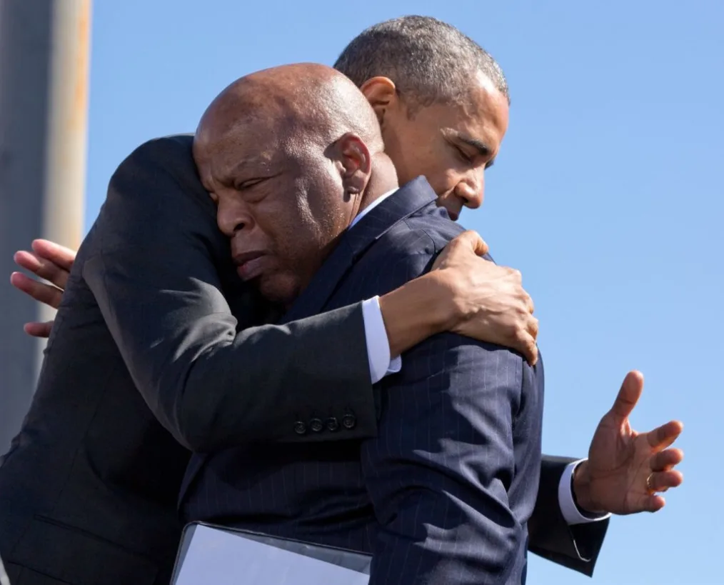 President Obama and Congressman John Lewis hug