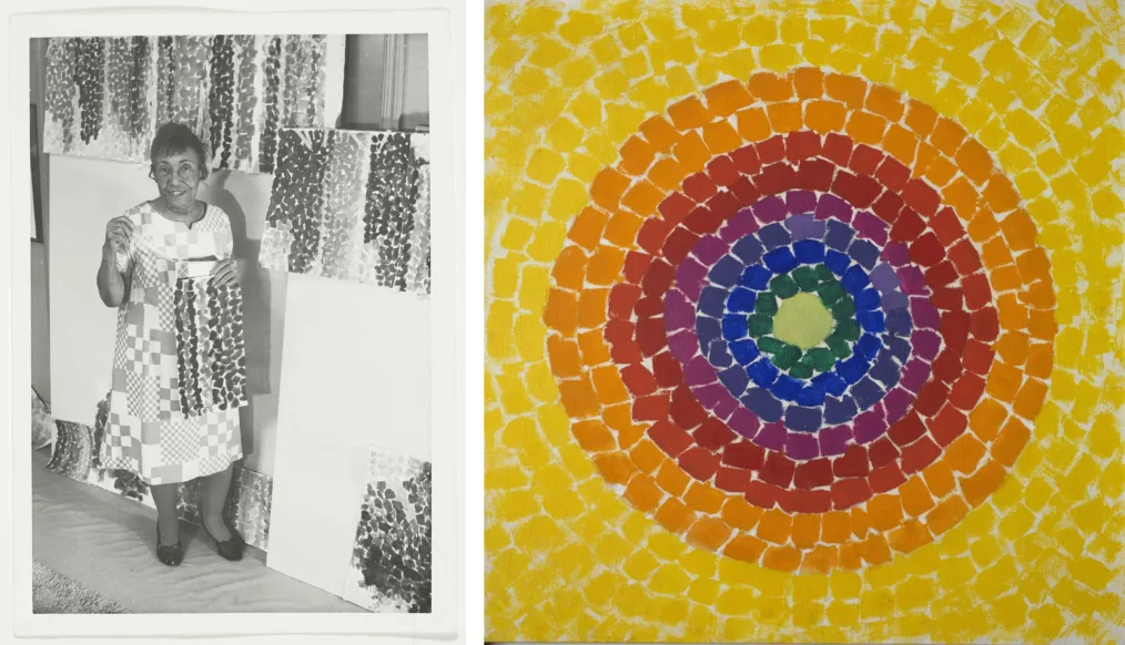 A black and white portrait of Alma Thomas next to her painting, "Resurrection", comprised of a yellow background with orange, red, and blue circles in the middle.