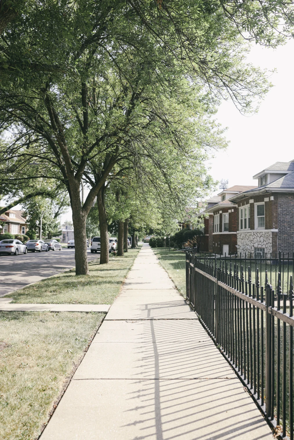 A view of a sidewalk in a neighborhood in Chicago