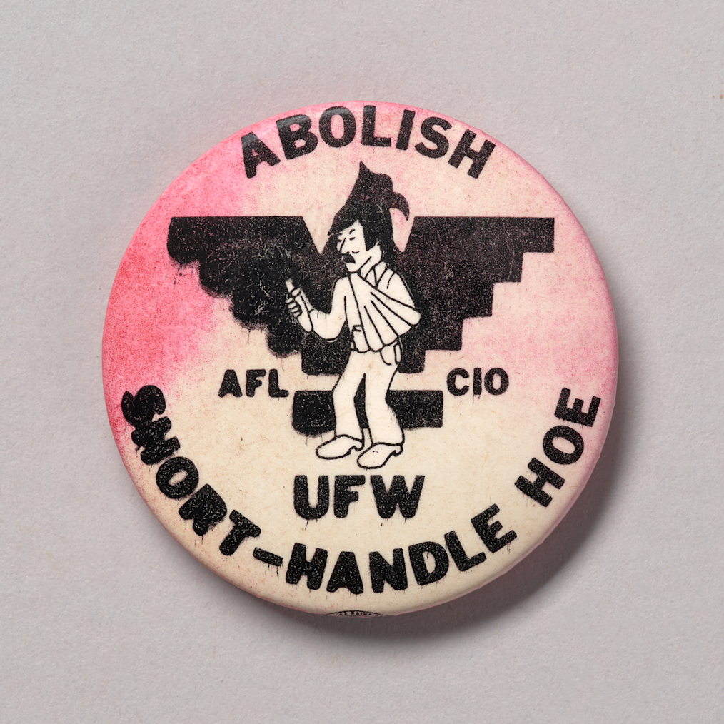 A button with the words “Abolish short-handled hoe” and depicts and injured worker wearing an arm bandage