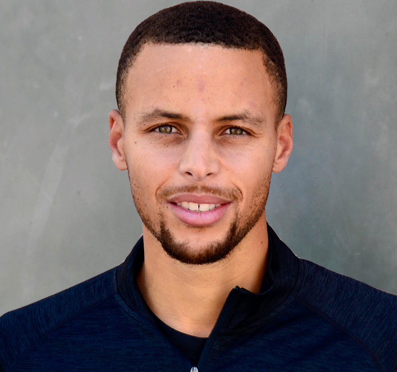 Stephen Curry, wearing a dark blue zip up jacket, smiles toward the camera.