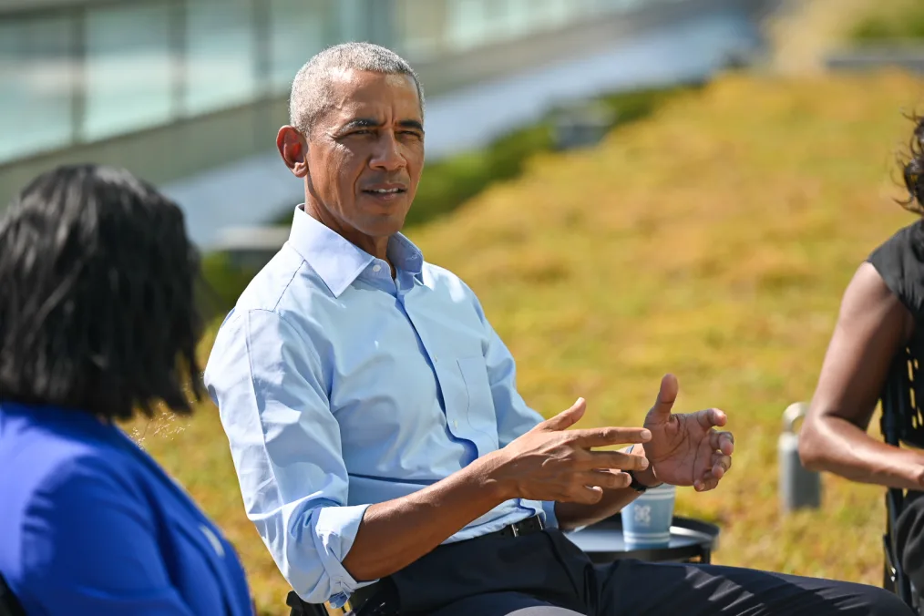 President Obama speaking during a roundtable discussion with the Obama Scholars.