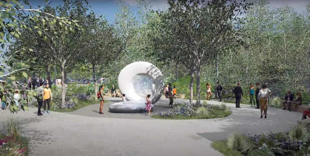 A rendering of the Ann Dunham Water Garden at the Obama Presidential Center. The center of the picture features a sculpture from artist Maya Lin surrounded by green trees. Arround the sculpture is a paved pathway with a variety of people walking, sitting, standing, and playing. The picture is outdoors and takes place in the daytime. 