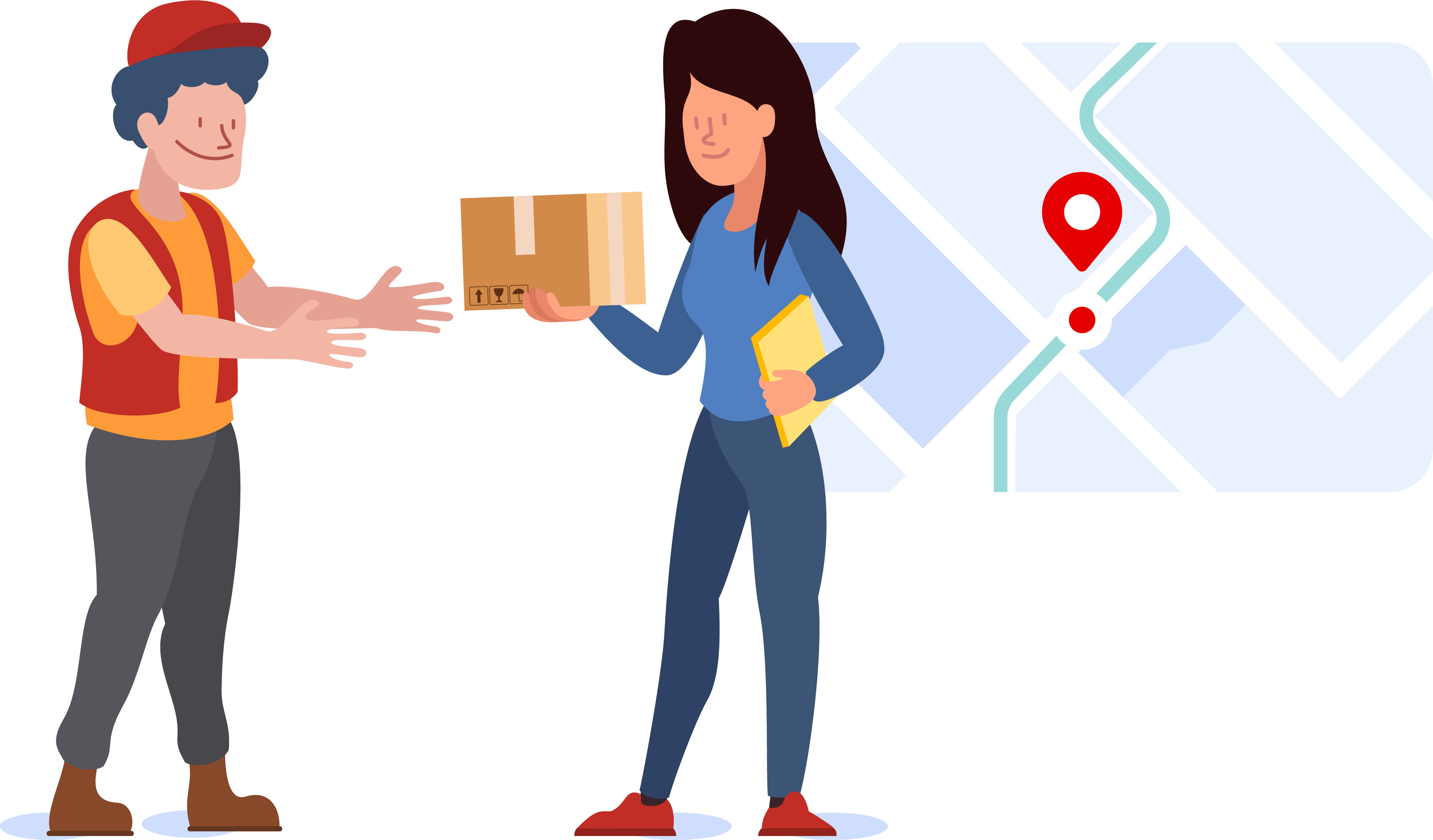 Woman giving a package to a courier and tracking the shipment