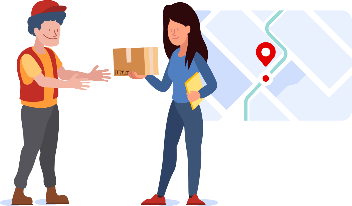 Woman giving a package to a courier and tracking the shipment