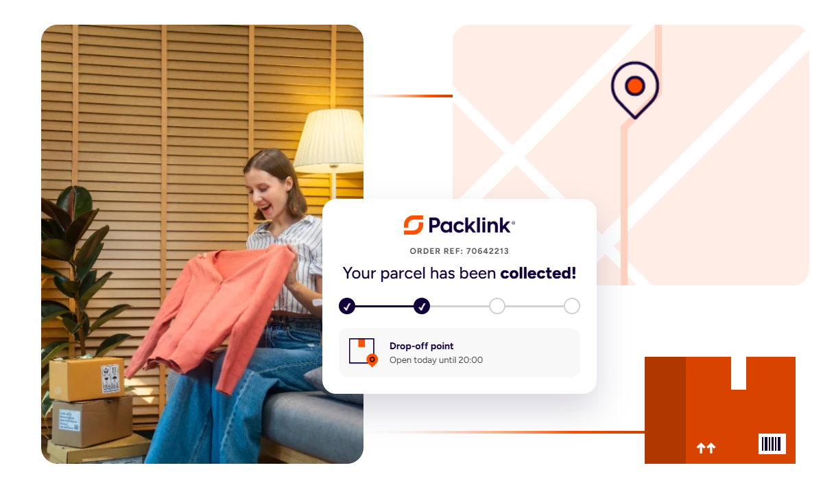 Woman giving a package to a courier and tracking the shipment