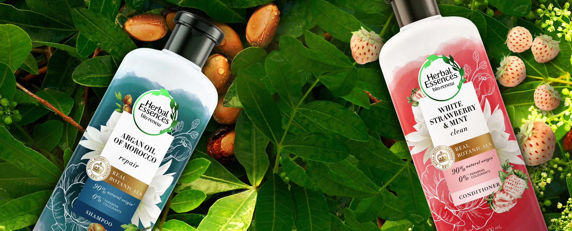 Herbal Essences bio:renew shampoo bottles with plant ingredients
