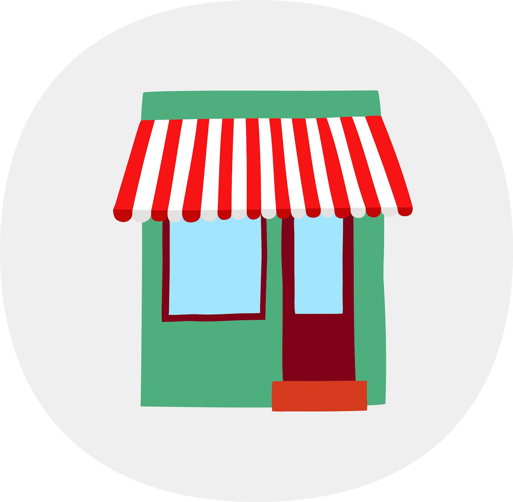 Stiliserad grön butik med röd- och vitrandig markis, blå fönster och röd dörr i en cirkulär grå ram.
