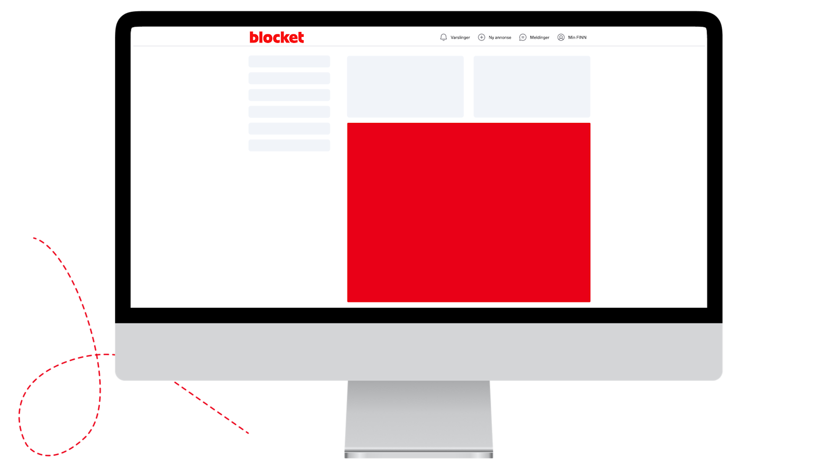 Datorskärm som visar Blockets webbplats med röd logotyp och navigeringsmeny överst, samt ett stort rött innehållsblock i mitten.