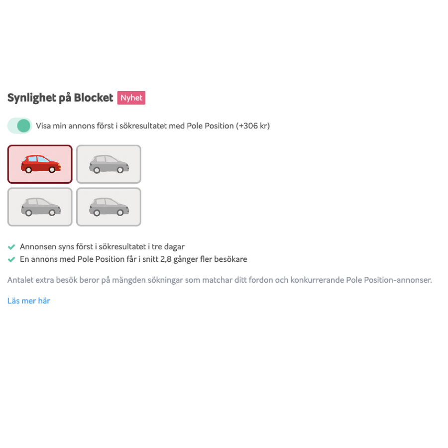 Skärmbild av Blocket-annonsering med Pole Position-funktion för 306 kr, visar bilsymboler och fördelar med ökad synlighet.