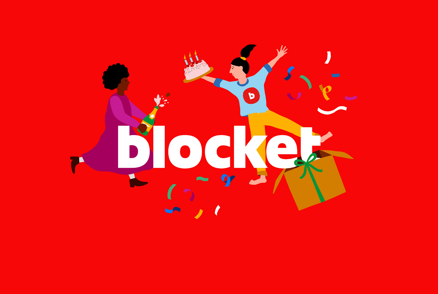 Tecknade figurer firar med tårta och champagne runt ordet "blocket" på röd bakgrund med konfetti och presentpaket.