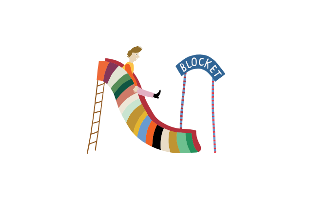 En tecknad person åker nerför en färgglad rutschkana märkt "BLOCKET" med en stege vid ingången.