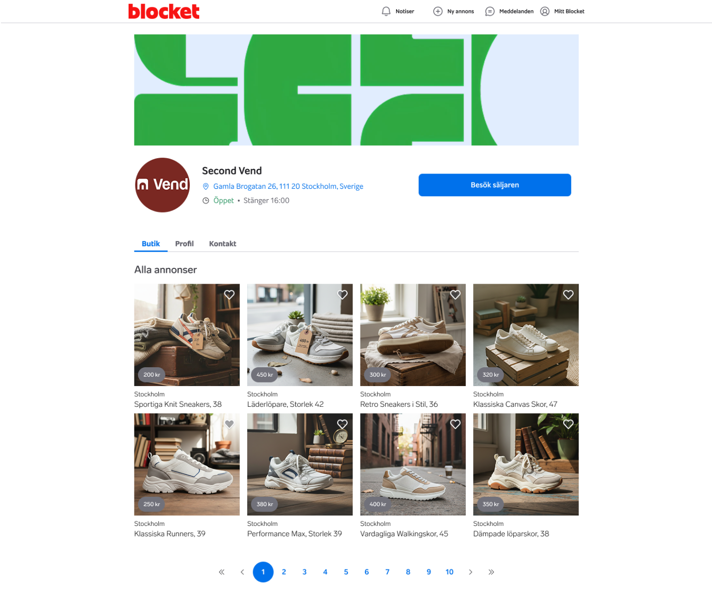 Blocketsida för Second Vend som visar olika begagnade sneakers till salu i Stockholm.
