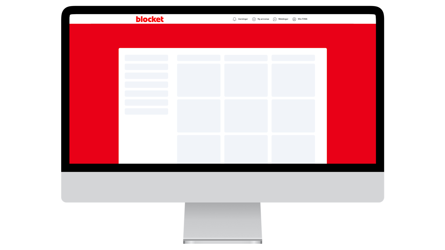 Datorskärm som visar Blockets webbplats med röd bakgrund och vit innehållsruta med rutnätslayout.