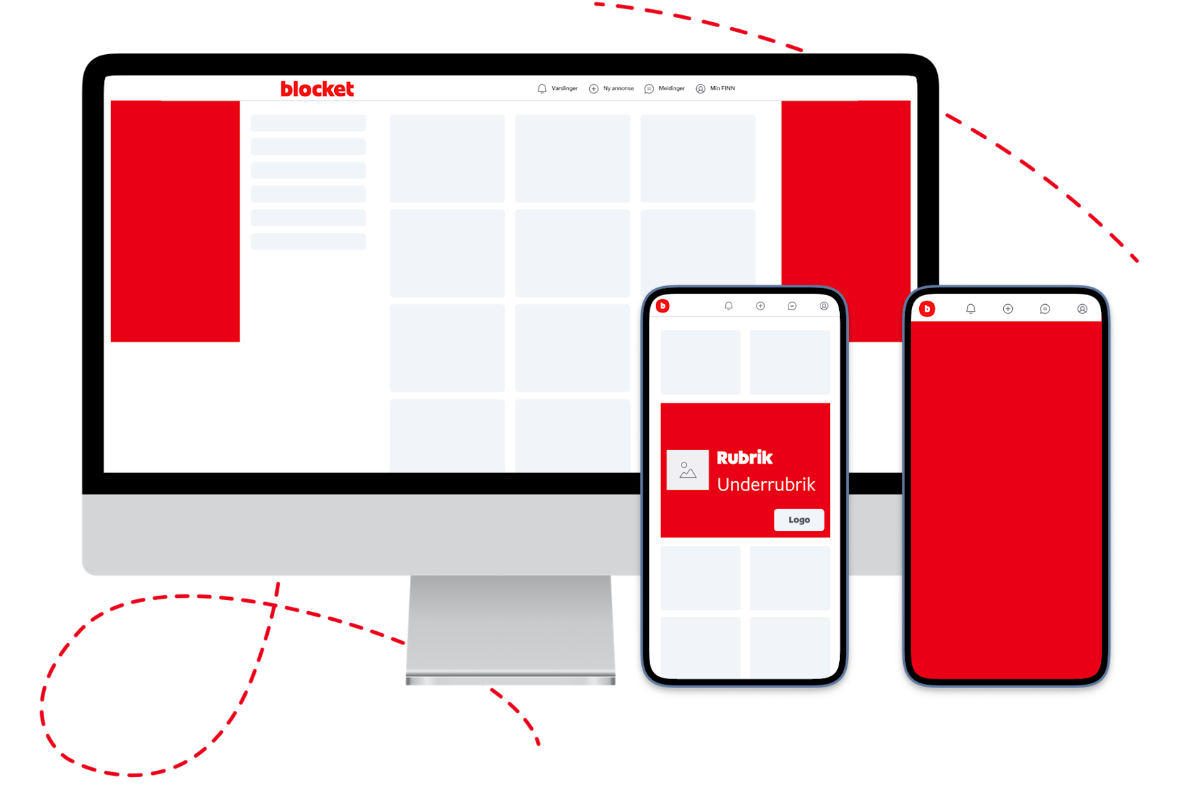 Blockets webbplattform visad på datorskärm och två mobiltelefoner med röd och vit design och navigationsmenyer.