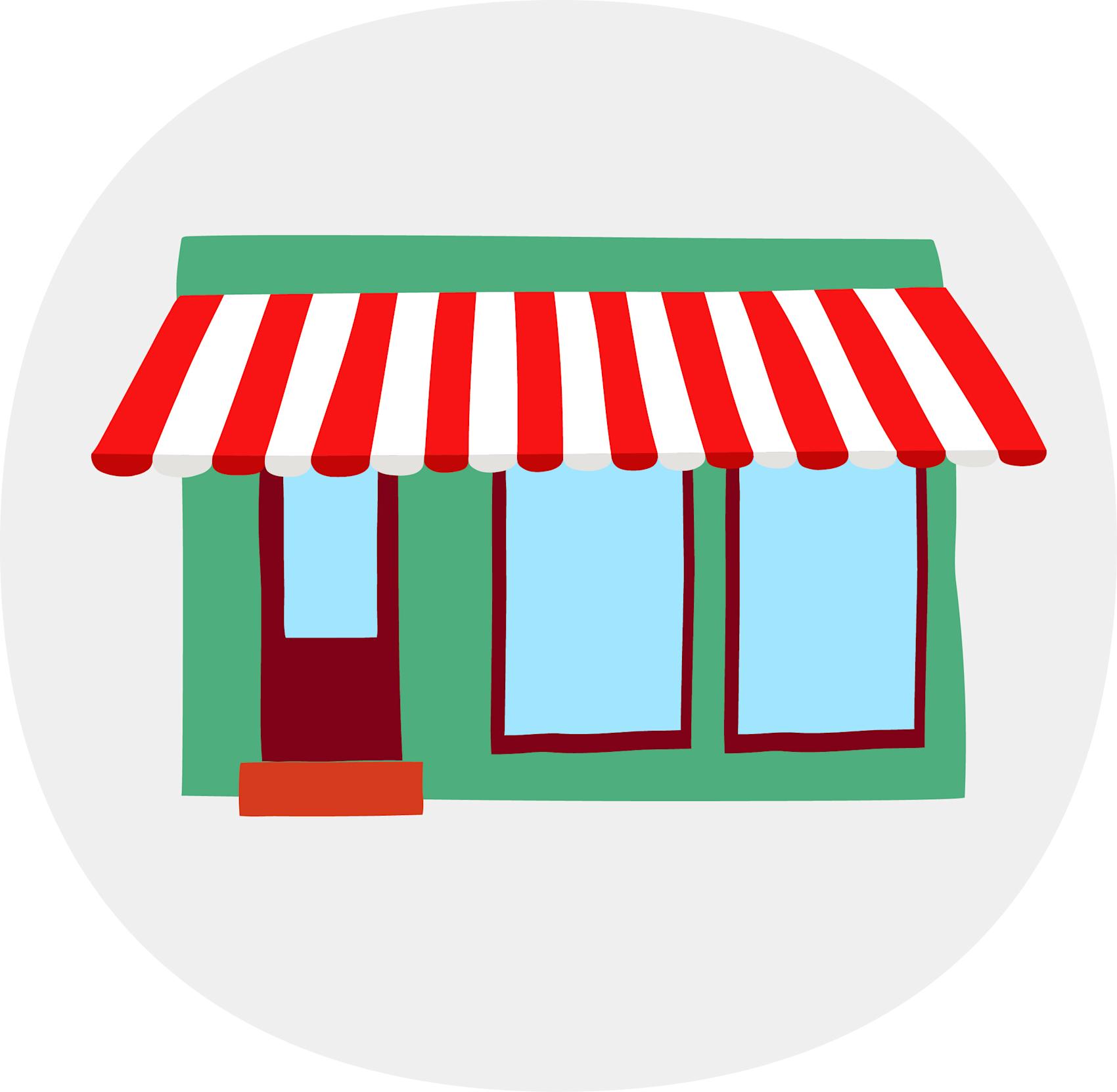 Tecknad butik med grön vägg, röd-vitrandig markis och blå fönster i en cirkulär grå ram.