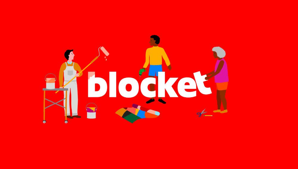 Illustrerade personer i färgglada kläder målar och renoverar runt ordet "blocket" på röd bakgrund.