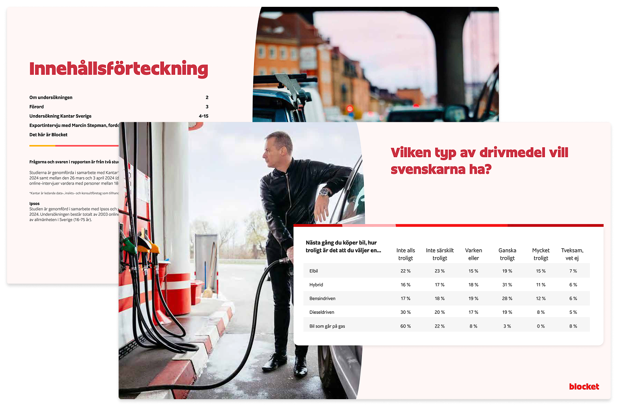 Illustration av en rapport om svenskarnas preferenser för drivmedel med statistik och bild av person som tankar bil vid bensinstation.