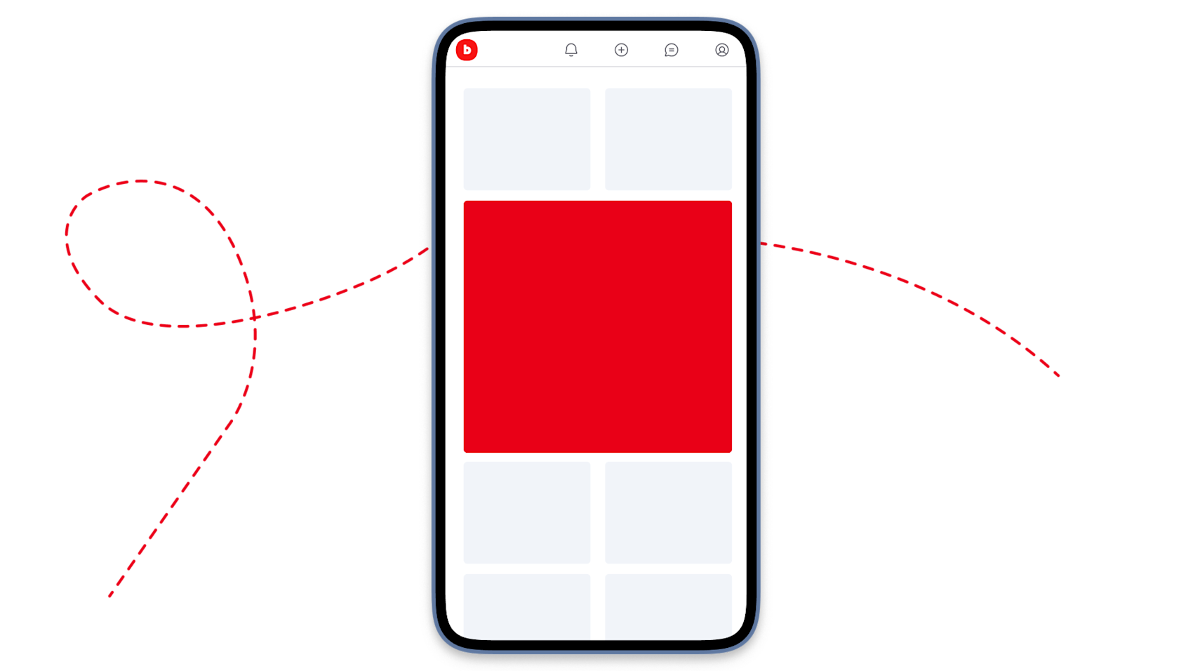 Mobiltelefon som visar en app med röd innehållsruta och röda streckade linjer som slingrar sig runt skärmen.