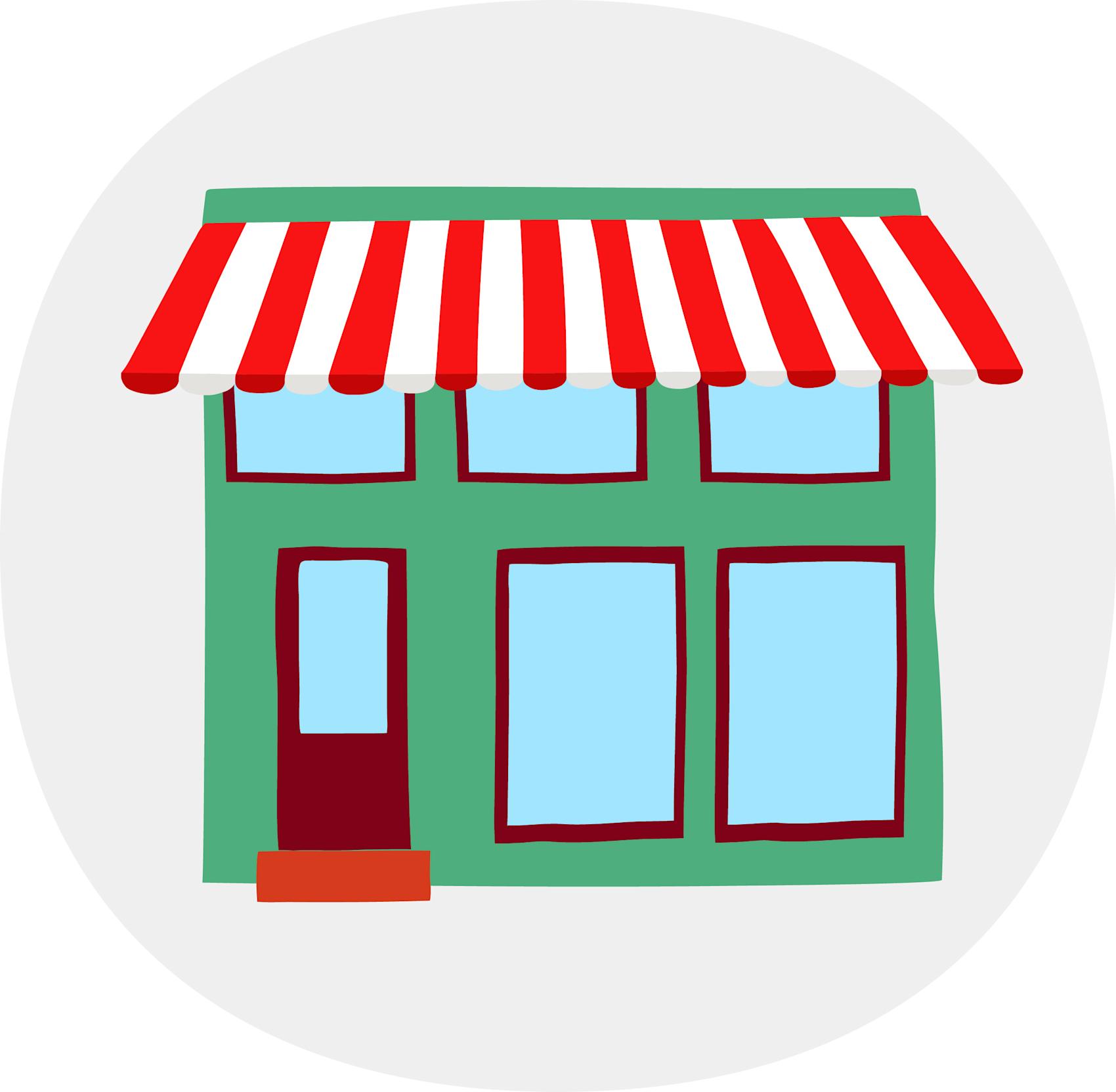 Tecknad grön butik med röd- och vitrandig markis, blå fönster och röd dörr i en cirkulär grå ram.