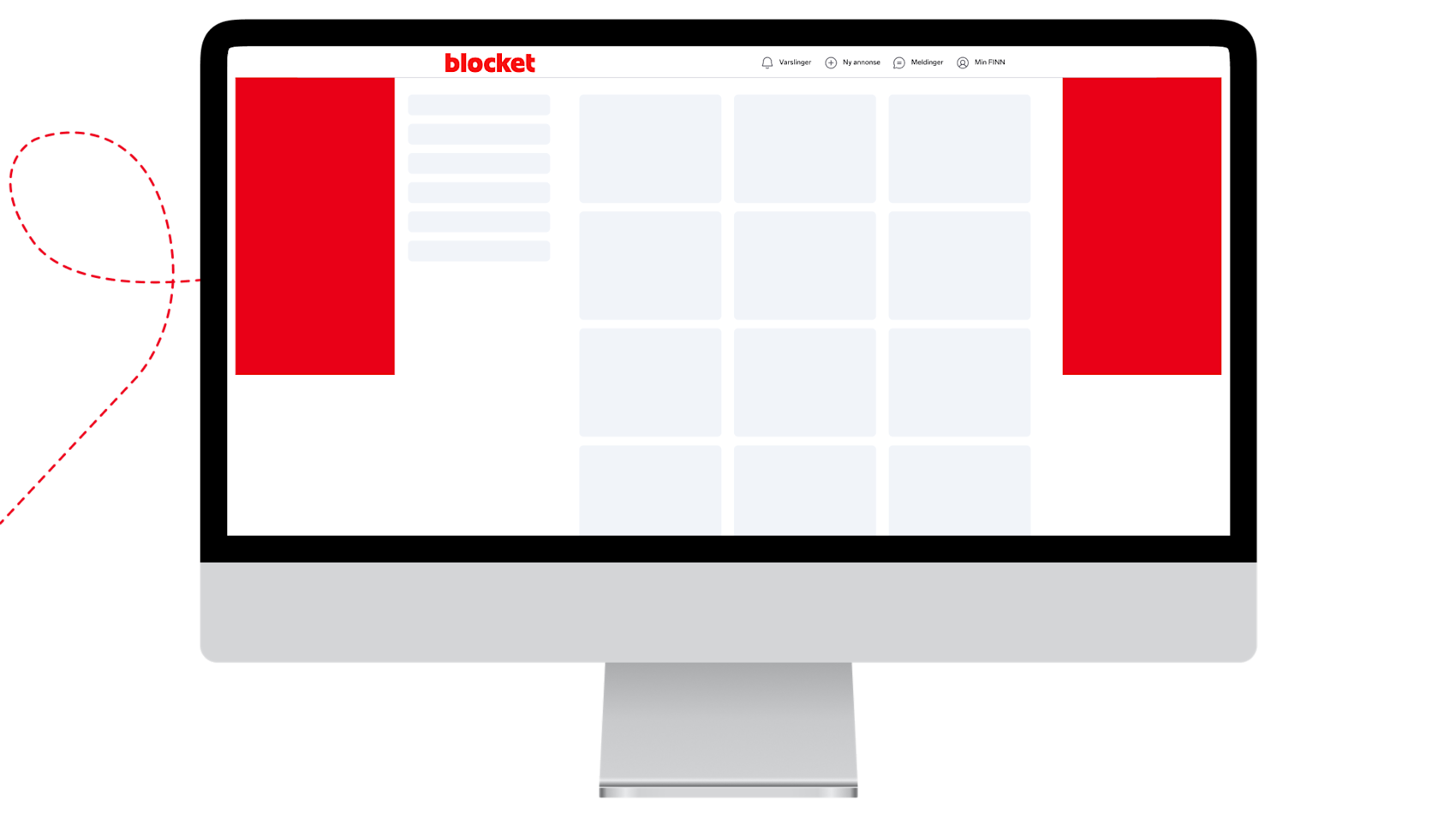 Datorskärm som visar Blockets webbplats med röd logotyp, navigationsmeny och rutnät av ljusgrå innehållsrutor.