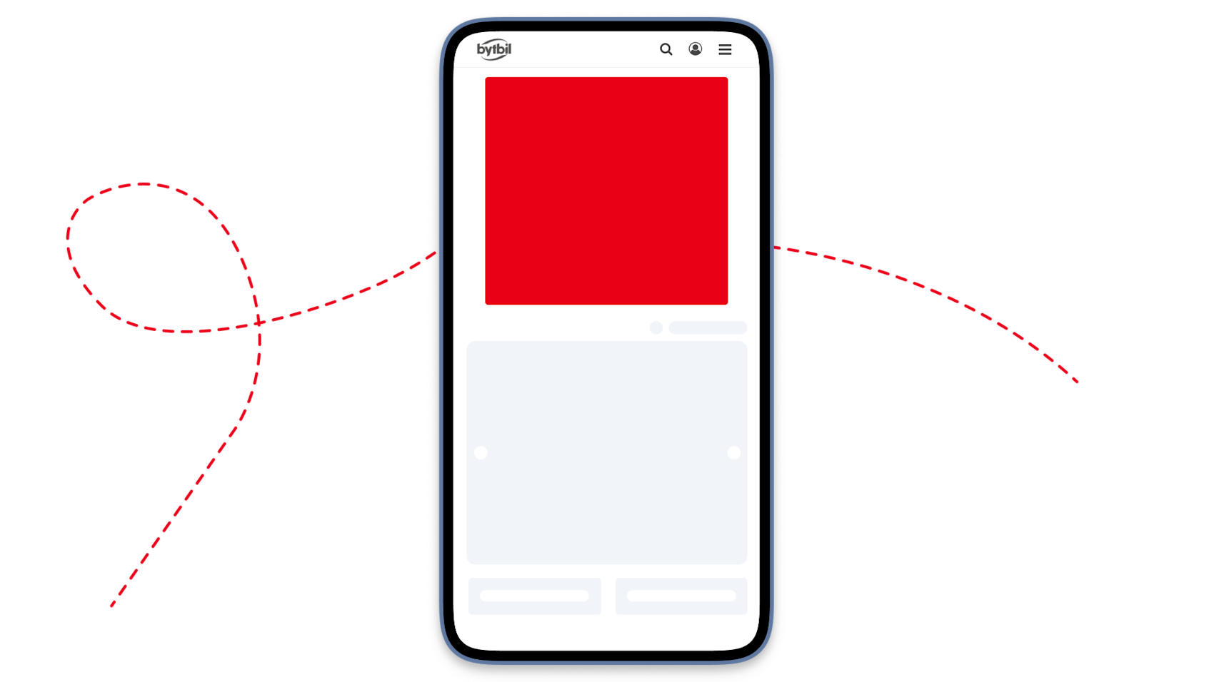 Mobiltelefon som visar Bytbil-appen med en röd ruta överst och röda streckade linjer som slingrar sig runt skärmen.