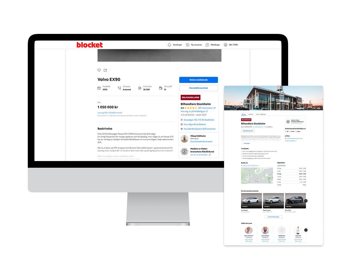 Datorskärm som visar Blocket-annons för en Volvo EX90, prissatt till 1 050 000 kr, säljs av bilhandlare i Stockholm.