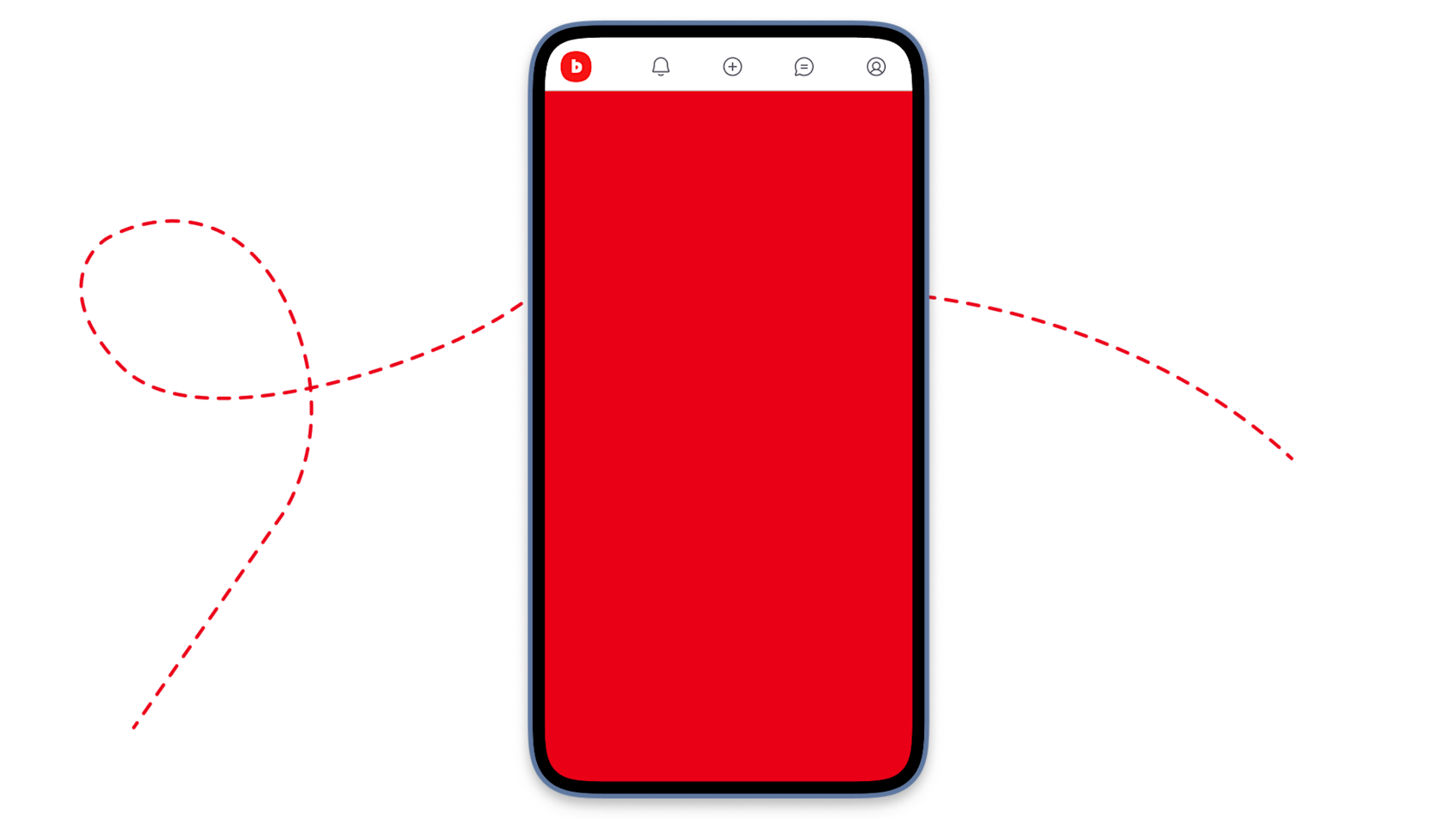 Mobiltelefon med Blocket-appen öppen, visar röd skärm med navigeringsknappar överst och röda streckade linjer runt om.