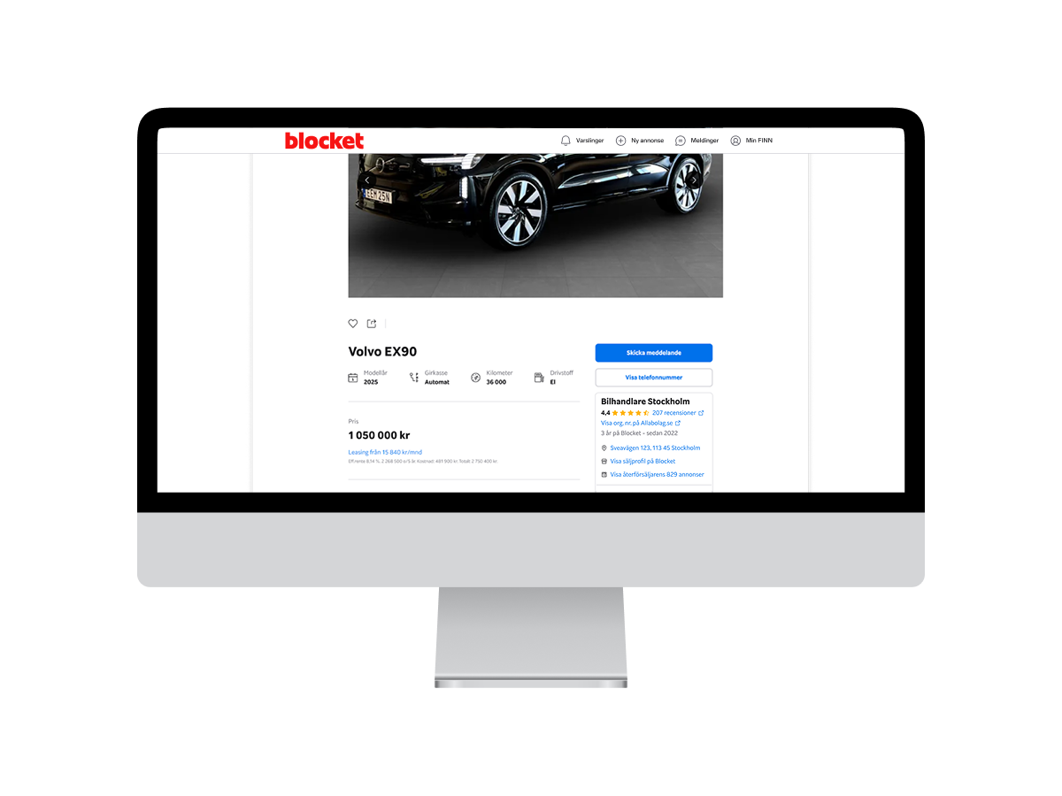Datorskärm som visar Blocket-annons för en Volvo EX90, prissatt till 1 050 000 kr, säljs av bilhandlare i Stockholm.
