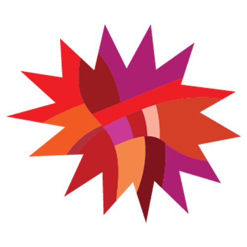 Abstrakt stjärnformad design i överlappande nyanser av rött, orange och lila som skapar en dynamisk och färgglad explosion.