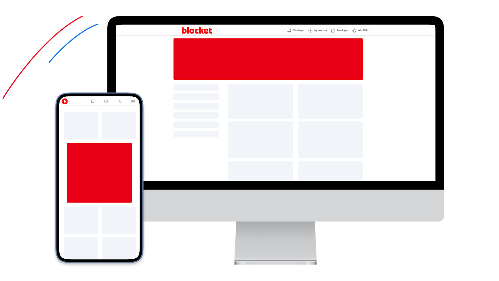 Blockets webbplats visas på både datorskärm och mobiltelefon med röda annonseringsfält och ljusgrå layout.