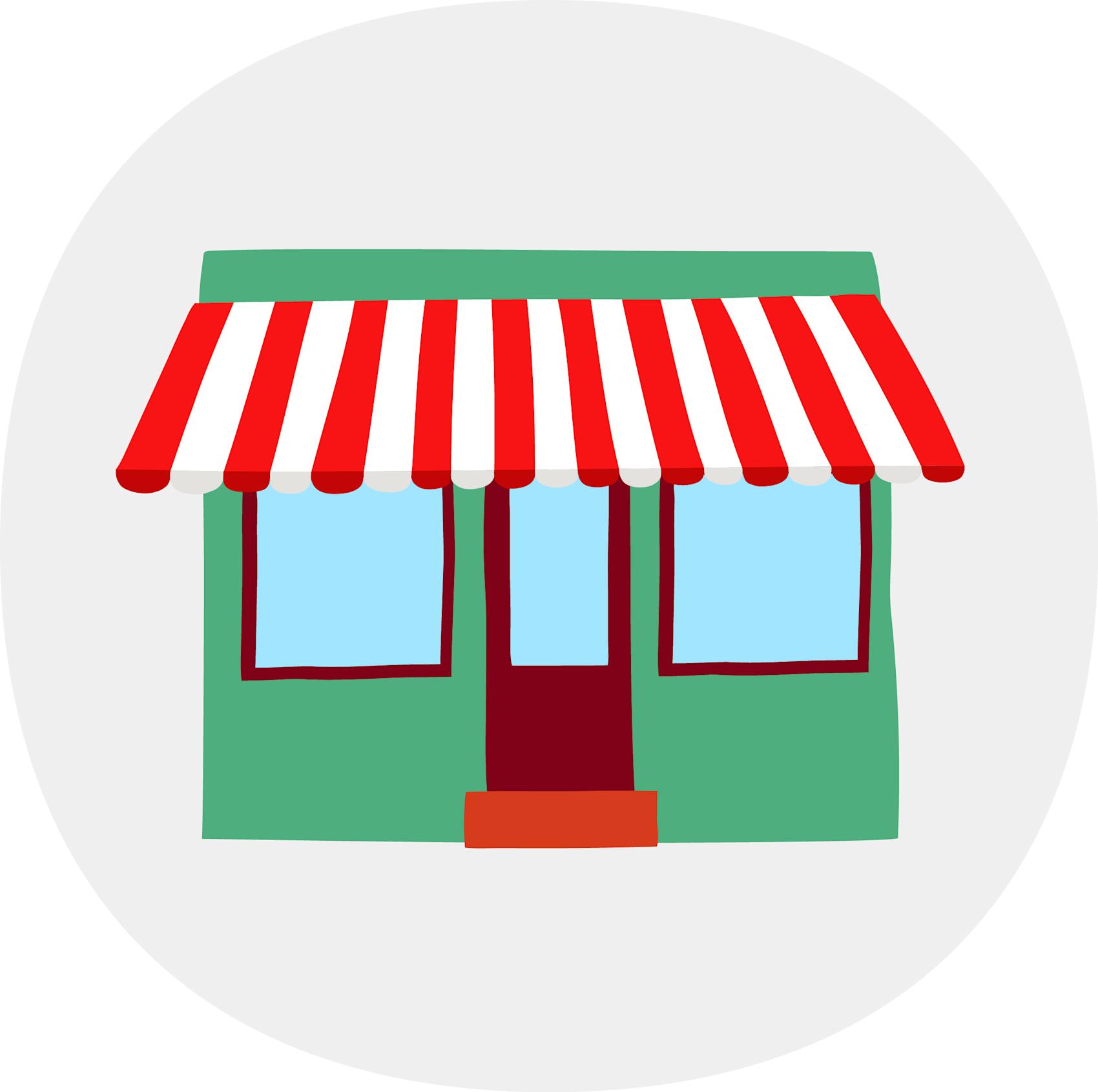En tecknad butik med grön vägg, blå fönster och rödvit randig markis i en cirkulär grå ram.